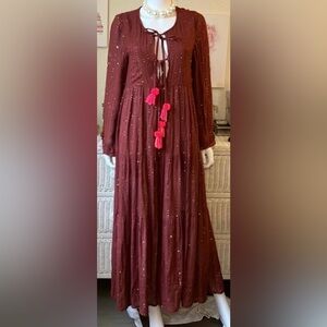 Sundress Caftan Maxi dress w/Metallic Gold flecks & Tassels in burgundy size XS
